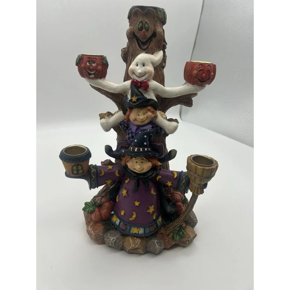Halloween Candelabra 5 Candle Holders Witch Ghost Tree Jack-o-lanterns Broom